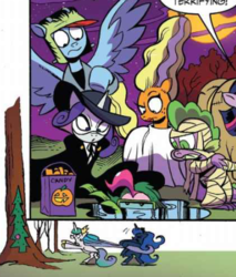 Size: 381x447 | Tagged: safe, artist:andypriceart, idw, applejack, pinkie pie, princess celestia, princess luna, rainbow dash, rarity, spike, twilight sparkle, alicorn, dragon, pony, g4, spoiler:comic, spoiler:comic71, bride of frankenstein, clothes, costume, cropped, frankenstein's bride, frankenstein's monster, mummy, nightmare night costume, phantom of the opera, pinkie being pinkie, the nightmare before christmas, twilight sparkle (alicorn), winged spike, wings