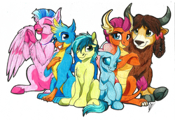 Size: 3402x2334 | Tagged: safe, artist:lupiarts, gallus, ocellus, sandbar, silverstream, smolder, yona, changedling, changeling, classical hippogriff, dragon, earth pony, griffon, hippogriff, pony, yak, g4, season 8, bow, braid, cloven hooves, colored hooves, colored pencil drawing, commission, cute, diaocelles, diastreamies, dragoness, female, fluffy, gallabetes, group, hair bow, high res, jewelry, male, monkey swings, necklace, sandabetes, simple background, sitting, smiling, smolderbetes, student six, teenager, traditional art, unshorn fetlocks, white background, yonadorable