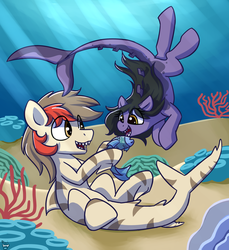 Size: 2422x2645 | Tagged: dead source, safe, artist:rivibaes, oc, oc only, oc:fappyness, oc:rivibaes, fish, original species, shark pony, coral, crepuscular rays, cute, dead, dorsal fin, duo, eye clipping through hair, fangs, featured image, female, fin, fins, fish tail, flowing mane, flowing tail, happy, high res, hunting, looking at each other, looking at someone, male, ocean, on back, open mouth, open smile, reef, rock, scales, seaweed, sharp teeth, smiling, smiling at each other, sunlight, swimming, tail, teeth, underwater, water, x eyes
