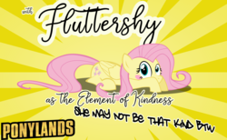 Size: 3000x1847 | Tagged: safe, alternate version, artist:ace play, fluttershy, pegasus, pony, g4, blush sticker, blushing, borderlands, crouching, female, folded wings, hiding behind hoof, looking at you, mare, name, poster, prone, solo, sunburst background, wide eyes, wings
