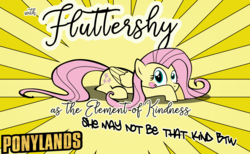 Size: 3000x1847 | Tagged: safe, artist:ace play, fluttershy, pegasus, pony, g4, blush sticker, blushing, borderlands, cel shading, female, folded wings, mare, name, poster, prone, solo, sunburst background, wings