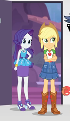 Size: 348x604 | Tagged: safe, screencap, applejack, rarity, equestria girls, equestria girls specials, g4, my little pony equestria girls: better together, my little pony equestria girls: rollercoaster of friendship, belt, boots, clothes, cowboy boots, cowboy hat, cropped, crossed arms, denim skirt, female, freckles, geode of shielding, geode of super strength, hat, high heels, rarity peplum dress, shoes, skirt, stetson