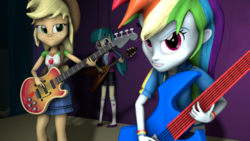 Size: 3840x2160 | Tagged: safe, artist:juliogracia6, applejack, juniper montage, rainbow dash, equestria girls, g4, 3d, guitar, high res