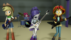 Size: 3840x2160 | Tagged: safe, artist:juliogracia6, applejack, pinkie pie, rarity, sunset shimmer, equestria girls, g4, 3d, drums, guitar, high res, musical instrument