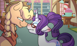 Size: 879x531 | Tagged: safe, artist:foxysparkle, applejack, rarity, g4, alternate hairstyle, bandana, blushing, braid, cute, duo, ear blush, female, floppy ears, glasses, grumpy, lesbian, ponytail, rarity's glasses, scrunchy face, ship:rarijack, shipping, sugarcube corner, tsundere, tsunderity