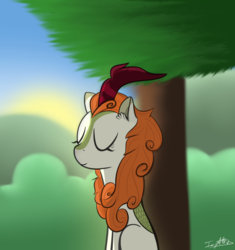 Size: 1300x1383 | Tagged: safe, artist:icy wind, autumn blaze, kirin, sounds of silence, eyes closed, female, forest, morning, solo, sunrise, tree