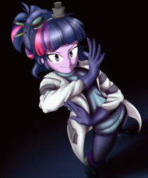 Size: 1250x1500 | Tagged: dead source, safe, artist:rockset, sci-twi, twilight sparkle, equestria girls, g4, mad twience, my little pony equestria girls: summertime shorts, anime, clothes, female, gloves, lab coat, looking at you, mad scientist, smiling, solo