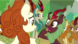 Size: 1280x720 | Tagged: safe, screencap, autumn afternoon, autumn blaze, cinder glow, fern flare, pumpkin smoke, rain shine, summer flare, winter flame, kirin, sounds of silence, animated, background kirin, charades, cute, female, gesture, male, open mouth, pointing