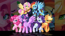 Size: 3840x2160 | Tagged: safe, alternate version, artist:ciderpunk, applejack, fluttershy, pinkie pie, rainbow dash, rarity, twilight sparkle, alicorn, earth pony, pony, g4, alternate hairstyle, bandage, bandana, blinking, bracelet, bust, choker, clothes, ear piercing, earring, flower, flower in hair, high res, hippie, jewelry, looking at you, makeup, mane six, piercing, punk, scarf, shirt, smiling, smirk, twilight sparkle (alicorn), wallpaper