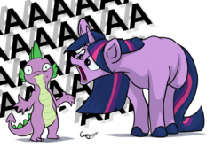 Size: 1280x848 | Tagged: dead source, safe, artist:greyscaleart, spike, twilight sparkle, dragon, pony, unicorn, g4, aaaaaaaaaa, colored hooves, confused, eye twitch, female, frown, head tilt, hoers, looking at you, male, mare, open mouth, screaming, shrug, simple background, unicorn twilight, wat, white background, wide eyes