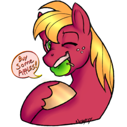 Size: 1000x1000 | Tagged: safe, artist:rhythmcrown, big macintosh, earth pony, pony, g4, apple, buy some apples, food, male, mouth hold, one eye closed, signature, simple background, solo, speech bubble, transparent background, wink