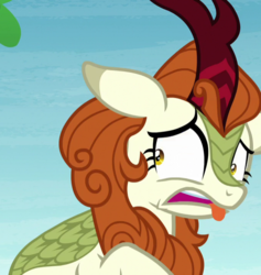 Size: 682x718 | Tagged: safe, screencap, autumn blaze, kirin, g4, season 8, sounds of silence, cropped, disgusted, female, implied apple, reaction image, solo, tongue out