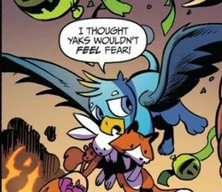 Size: 387x334 | Tagged: safe, artist:andy price, idw, gallus, fox, griffon, rabbit, squirrel, g4, spoiler:comic, spoiler:comic71, animal, cropped, flying, male, paws, speech bubble, spread wings, wings
