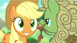 Size: 1280x720 | Tagged: safe, screencap, applejack, forest fall, kirin, g4, sounds of silence, animated, annoyed, applejack is not amused, background kirin, duo, faic, female, frown, mood swing, smiling, unamused