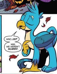 Size: 411x528 | Tagged: safe, artist:andy price, idw, official comic, gallus, griffon, g4, spoiler:comic, spoiler:comic71, claws, cropped, eyes closed, leaf, male, paws, simple background, smiling, smug, speech bubble, tail, white background, wings