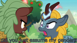 Size: 1920x1080 | Tagged: safe, edit, edited screencap, screencap, cinder glow, summer flare, winter flame, kirin, g4, sounds of silence, angry, argument, background kirin, dialogue, did you just assume my gender?, eye contact, female, floppy ears, frown, glowing horn, gritted teeth, horn, image macro, looking at each other, magic, meme, open mouth, text, wide eyes