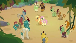 Size: 1920x1080 | Tagged: safe, screencap, applejack, autumn afternoon, cinder glow, fern flare, fluttershy, forest fall, maple brown, pumpkin smoke, rain shine, sparkling brook, spring glow, summer flare, winter flame, earth pony, kirin, pegasus, pony, g4, sounds of silence, background kirin, butt, emotionless, female, male, mare, plot, raised hoof