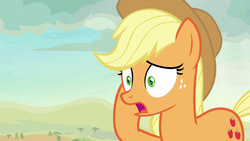 Size: 1280x720 | Tagged: safe, screencap, applejack, earth pony, pony, g4, sounds of silence, female, freckles, mare, open mouth, shrunken pupils, solo
