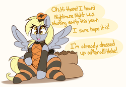 Size: 1280x882 | Tagged: safe, artist:graphenescloset, derpy hooves, pegasus, pony, series:daapi halloween weight gain drive, g4, clothes, cute, female, halloween, halloween costume, holiday, incentive drive, mare, socks, solo, striped socks, this will end in weight gain, weight gain sequence