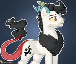Size: 1024x861 | Tagged: safe, artist:dianamur, oc, oc only, oc:prince illusion, hybrid, pony, kilalaverse, chest fluff, colored sclera, draconequus hybrid, gradient background, horns, interspecies offspring, male, mismatched horns, offspring, parent:discord, parent:princess celestia, parents:dislestia, signature, solo