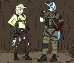 Size: 1169x1000 | Tagged: safe, artist:linedraweer, shining armor, oc, oc:silverlay (pegasus), pegasus, anthro, g4, anthro oc, armorlay, army, bootle, canon x oc, cave, cigar, cigarette, clothes, commission, duo, eyepatch, female, gun, knife, metal gear, military, military uniform, pants, punished snake, quiet (metal gear), rifle, scar, shirt, solid snake, venom snake, weapon, wings