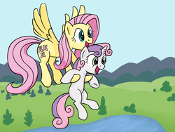 Size: 4000x3000 | Tagged: safe, artist:bill-the-pony, fluttershy, sweetie belle, pegasus, pony, unicorn, g4, amazed, duo, flying, holding a pony, open mouth, outdoors, spread wings, wings