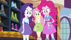 Size: 1920x1080 | Tagged: safe, screencap, fluttershy, pinkie pie, rarity, equestria girls, g4, my little pony equestria girls, boots, clothes, cutie mark on clothes, female, mirror, pink skirt, polka dot socks, shocked, shoes, skirt, socks