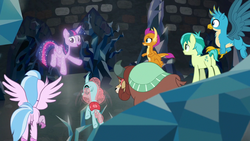 Size: 1280x720 | Tagged: safe, screencap, gallus, ocellus, sandbar, silverstream, smolder, twilight sparkle, yona, alicorn, changedling, changeling, classical hippogriff, dragon, earth pony, griffon, hippogriff, pony, yak, g4, my little pony: friendship is magic, what lies beneath, butt, crystal, dragoness, female, flying, male, plot, teenager, treelight sparkle, twilight sparkle (alicorn)