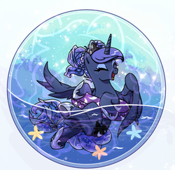 Size: 733x712 | Tagged: safe, artist:yukandasama, princess luna, alicorn, pony, starfish, g4, alternate hairstyle, cute, eyes closed, female, freckles, inner tube, lunabetes, mare, open mouth, smiling, solo