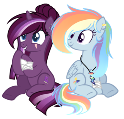 Size: 1300x1249 | Tagged: safe, artist:poppyglowest, oc, oc only, oc:black raven, oc:color rain, pegasus, pony, unicorn, base used, duo, female, jewelry, mare, necklace, rainbow hair, scar, simple background, transparent background