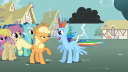 Size: 1280x720 | Tagged: safe, screencap, applejack, cherry berry, dizzy twister, lyra heartstrings, orange swirl, rainbow dash, earth pony, pegasus, pony, boast busters, g4, season 1, dashabuse, faic, female, great moments in animation, lightning, literal butthurt, mare, needs more jpeg, ouch, pain, raised hoof, spread wings, stormcloud, wings