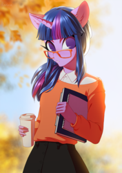 Size: 905x1280 | Tagged: safe, artist:glorious-rarien, twilight sparkle, anthro, g4, adorkable, autumn, button-up shirt, clothes, cute, dork, female, glasses, horn, looking at you, meganekko, notebook, skirt, tree