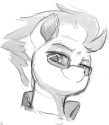 Size: 1206x1387 | Tagged: safe, artist:dimfann, spitfire, pegasus, pony, g4, bust, female, grayscale, lidded eyes, looking at you, looking down, looking sideways, monochrome, portrait, simple background, sketch, smiling, solo, sunglasses, white background