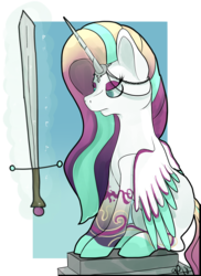 Size: 2400x3300 | Tagged: safe, artist:overlord pony, oc, oc only, oc:aurora risk, pegasus, pony, crown, high res, inktober, jewelry, regalia, simple background, sitting, solo, sword, weapon