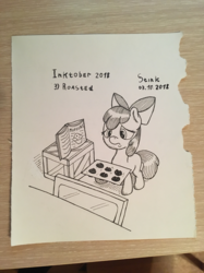Size: 907x1210 | Tagged: safe, artist:stink111, apple bloom, earth pony, pony, g4, black and white, book, burnt, cookbook, female, filly, foal, food, grayscale, ink drawing, inktober, monochrome, muffin, paper, sad, simple background, solo, traditional art, white background