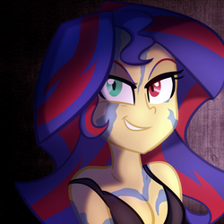 Size: 800x800 | Tagged: safe, artist:tishadster, artist:wubcakeva, sunset shimmer, elements of insanity, equestria girls, corrupted, evil grin, female, gift art, grin, heterochromia, painset shimmercakes, smiling, solo