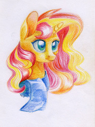 Size: 600x804 | Tagged: safe, artist:maytee, sunset shimmer, pony, unicorn, g4, bust, clothes, colored pencil drawing, female, portrait, scarf, solo, traditional art