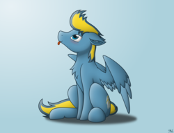 Size: 4000x3067 | Tagged: safe, artist:starlessnight22, oc, oc only, oc:bolterdash, pegasus, pony, blushing, chest fluff, ear fluff, gradient background, inkscape, looking up, male, simple background, sitting, solo, stallion, tongue out, vector
