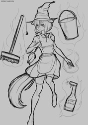 Size: 2894x4093 | Tagged: safe, artist:wernex, spider, anthro, broom, bucket, clothes, female, hat, kneesocks, looking at you, magic, maid, monochrome, solo, spray bottle, stockings, thigh highs, witch, witch hat