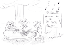 Size: 2353x1718 | Tagged: safe, artist:alcor, coco pommel, fluttershy, marble pie, bird, earth pony, pegasus, pony, g4, cocobetes, cup, cute, eyes closed, female, flower, food, happy, marblebetes, mare, music notes, outdoors, plate, saucer, sitting, smiling, table, tea party, teacup, teapot, text, the council of shy ponies, tree, trio