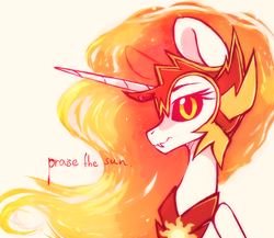 Size: 2148x1861 | Tagged: safe, artist:mirtash, daybreaker, princess celestia, pony, rcf community, g4, female, helmet, looking at you, mare, praise the sun, simple background, smiling, solo