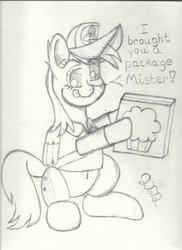 Size: 1700x2338 | Tagged: safe, artist:2tailedderpy, derpy hooves, pegasus, pony, g4, belly button, cutie mark, ear fluff, female, food, mailmare, muffin, sitting, solo, tongue out, traditional art