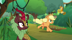 Size: 1280x720 | Tagged: safe, screencap, applejack, autumn afternoon, cinder glow, summer flare, earth pony, kirin, pony, g4, sounds of silence, background kirin, cute, female, happy, levitation, magic, magic aura, mare, reading, running, smiling, telekinesis