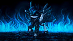 Size: 3840x2160 | Tagged: safe, artist:hagalazka, oc, oc only, oc:sky fang, pegasus, pony, 4k, angry, clothes, commission, digital art, female, fire, high res, jacket, mare, solo, spread wings, wings