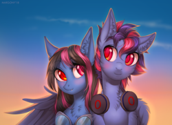 Size: 1200x868 | Tagged: safe, artist:margony, oc, oc only, oc:alpha jet, oc:lost, pegasus, pony, blush sticker, blushing, chest fluff, cloud, commission, cute, digital art, ear fluff, female, goggles, headphones, looking at each other, male, mare, oc x oc, red eyes, shipping, sky, smiling, stallion, straight