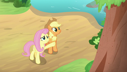 Size: 1280x720 | Tagged: safe, screencap, applejack, fluttershy, earth pony, pegasus, pony, sounds of silence, duo, female, looking up, mare, pointing