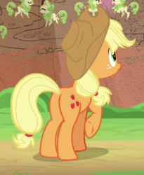 Size: 355x432 | Tagged: safe, screencap, applejack, earth pony, pony, g4, sounds of silence, butt, cropped, female, mare, plot, raised hoof, solo