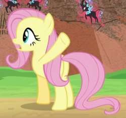 Size: 397x373 | Tagged: safe, screencap, fluttershy, pegasus, pony, g4, sounds of silence, butt, cropped, female, mare, plot, raised hoof, solo