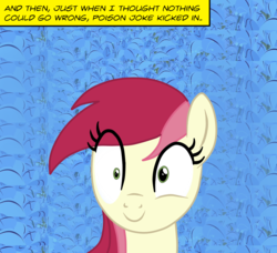 Size: 1255x1146 | Tagged: safe, artist:samey90, roseluck, pony, g4, caption, eye clipping through hair, female, implied drug use, poison joke, smiling, solo, this will not end well