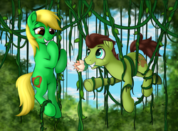 Size: 2093x1547 | Tagged: safe, artist:awalex, oc, oc:jungle heart, oc:wildlife, earth pony, pony, blush sticker, blushing, digital art, duo, female, flower, freckles, jungle, looking at each other, male, mare, mouth hold, oc x oc, offering, requested art, shipping, stallion, straight, tangled up, vine